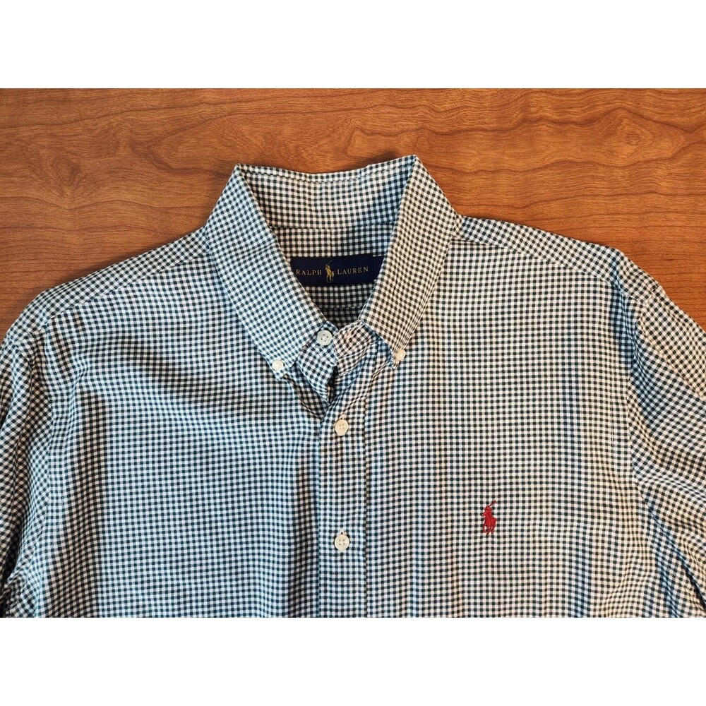 Ralph Lauren Mens Green White Plaid Button Down Long Sleeve Shirt Size Large